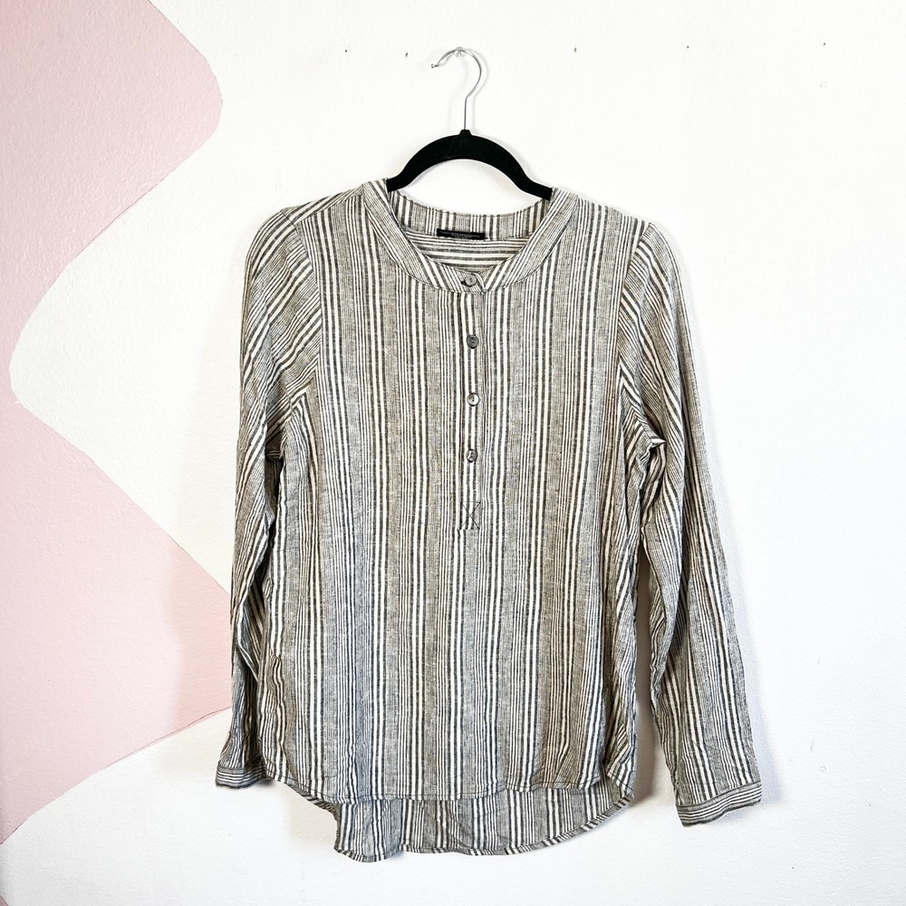 Striped Linen Blend Shirt‎ Womens Medium Gray Buttons Capsule Beach Coastal
